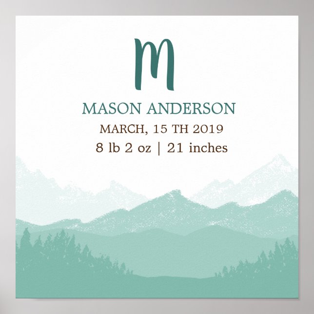 Bergsområden Grönt | Personlig Baby Birth Poster (Framsidan)