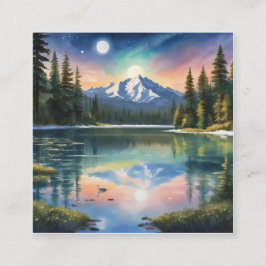 Bergsområden med tak vid snö och ett fritt sjö. fyrkantigt visitkort