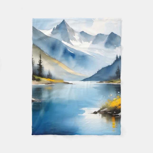 Bergsområden med tak vid snö och sjö fleecefilt (Framsidan)