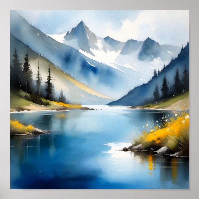 Bergsområden med tak vid snö och sjö poster (Framsidan)