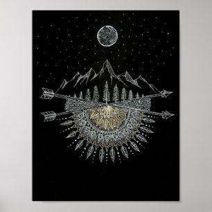 Bergsområdet Mandala för måne och Stars Night Himl Poster