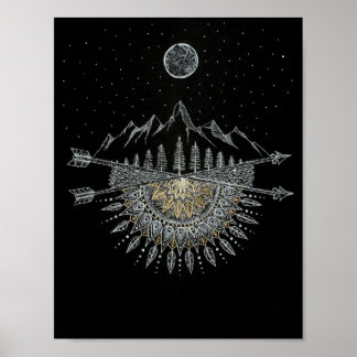 Bergsområdet Mandala för måne och Stars Night Himl Poster