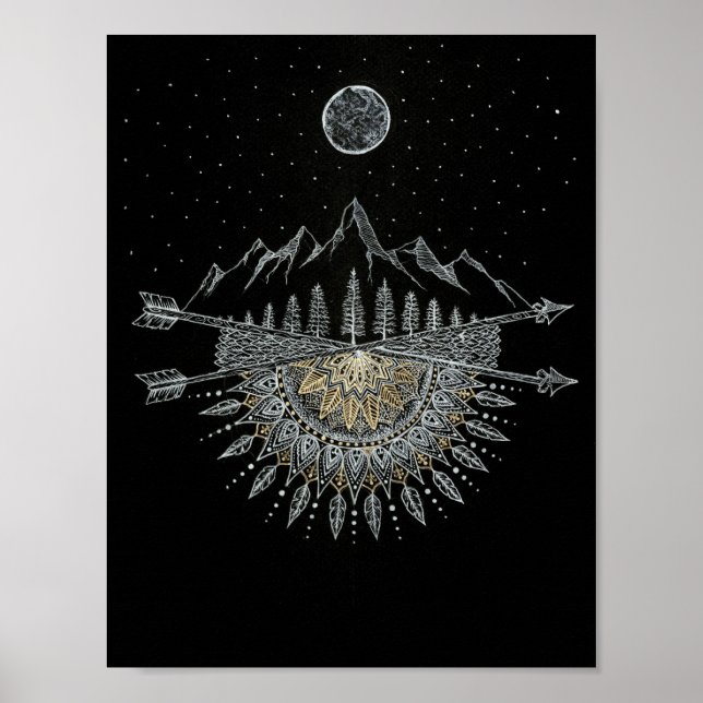 Bergsområdet Mandala för måne och Stars Night Himl Poster (Framsidan)