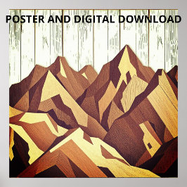 Bergspanorama på Rustic Wooden Background Poster