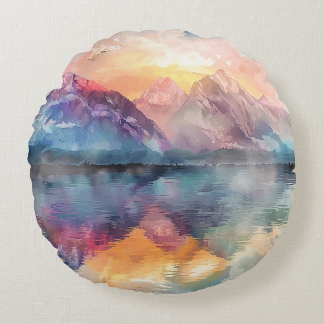 Bergsreflektion: vattenfärgsrundan Dekorativ kudde (Framsidan)