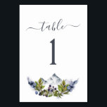 Bergsrustiska vattenfärgen Greenery Bröllop Bordsnummer<br><div class="desc">Bergsbergen Rustic Exdoor Berries och Greenery Watercolor Vår bröllop Dusty Blue och Grönt Elegant och Modern Bordsnummer Card på vit bakgrund - innehåller vacker och elegant manustypografi med modernt botaniskt löv och grön för den speciella Bröllopsdagen firande.</div>