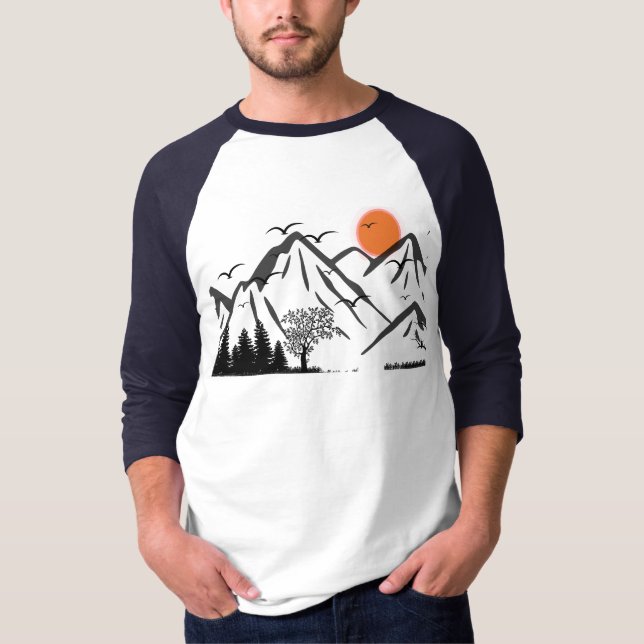 BergsSilhouette med flammande fåglar T Shirt (Framsida)