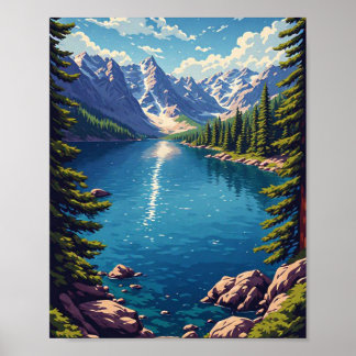 Bergssjö med tallskog och klippig strand Nat Poster