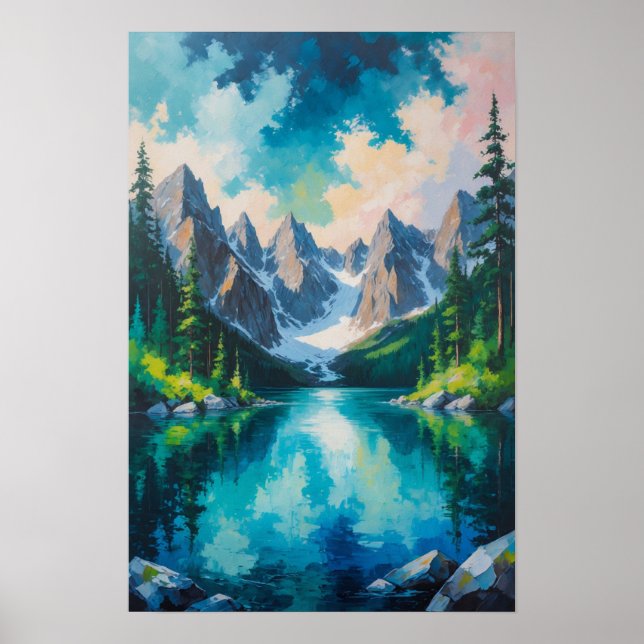 Bergssjö med tallskogsreflektion Scenisk Poster (Framsidan)
