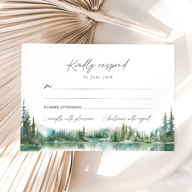 Bergssjö Skoglig Bröllop OSA Kort (Mountain Lake Wedding RSVP Card, Watercolor Forest Woodland Wedding Response Card, Adventure RSVP)