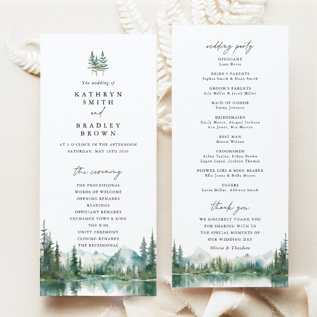 Bergssjö Skoglig Bröllopsceremoni Program (Mountain Lake Wedding Program, Woodland Wedding Ceremony Program, Forest Wedding Stationery Suite)