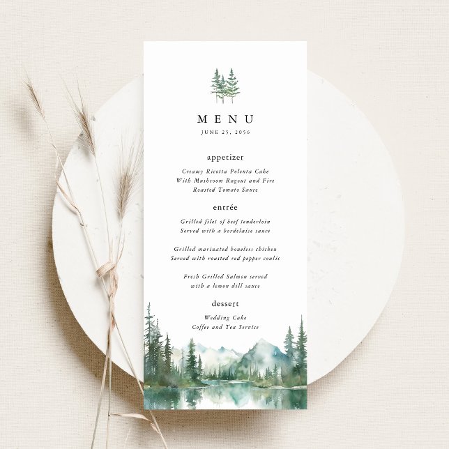 Bergssjö Skoglig Bröllopsmottagning Middag Meny (Mountain Lake Wedding Menu Card, Watercolor Woodland Wedding Menu, Forest Wedding Reception Menu)