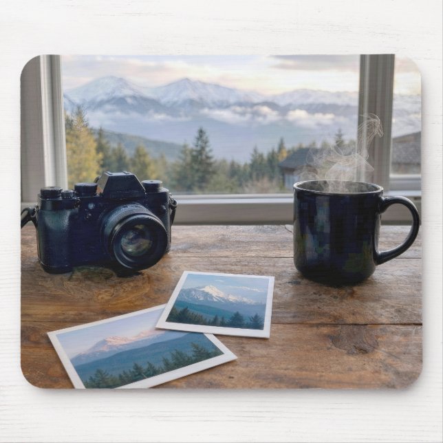 Bergssnapsar med kamera och kaffe musmatta (Framsidan)
