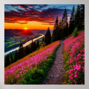 Bergssolnedgång med vilda blommor poster