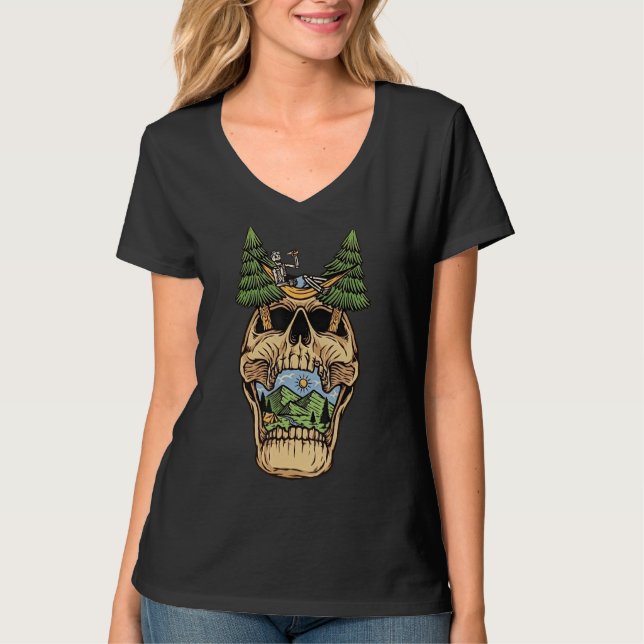 Bergssolnedgång Skeleton Drinking Camping Hiking O T Shirt (Framsida)