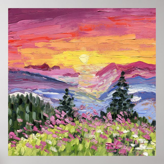 Bergssoluppgång med vilda blommor poster (Framsidan)