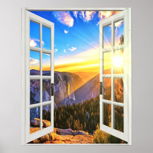 Bergssoluppgångsvy Trompe l'oeil Falskt fönster Poster (Framsidan)