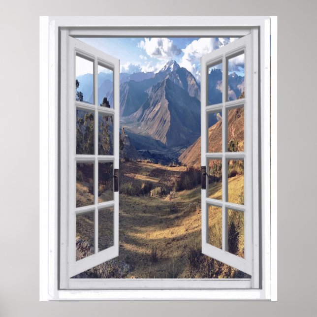 Bergstoppar Trompe l'oeil Faux Window View Poster (Framsidan)