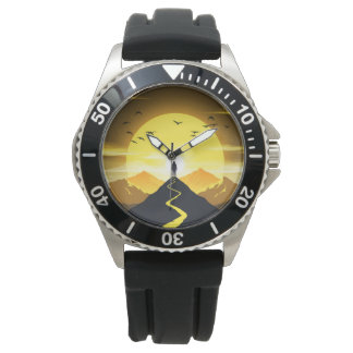 Bergstoppens silhuett med en slingrande. Piedestal Armbandsur