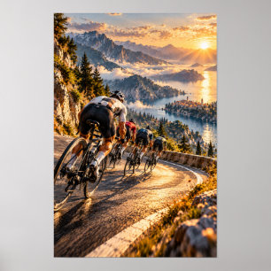Bergsväg cykeltävling vid solnedgång – Naturskön c Poster