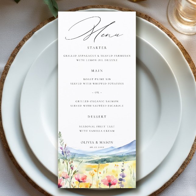 Bergsvilda Blommor Äng Modern Blommig Bröllop Meny (mountain wedding menu wildflowers meadow floral watercolor modern calligraphy garden nature forest)
