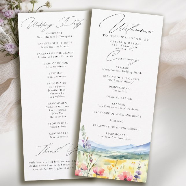 Bergsvildblommor Äng Modern Bröllopsprogram (mountain wedding program wildflowers meadow floral watercolor modern calligraphy)