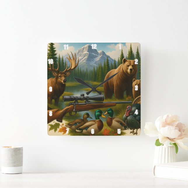 Bergsvildlivet Majestic Elk Hunters Trophy Fyrkantig Klocka (Hem)