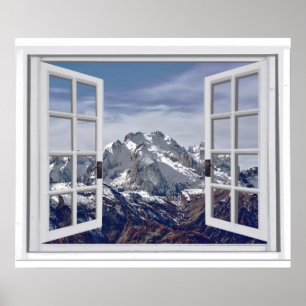Bergtopp i snö Faux Window Scene Poster