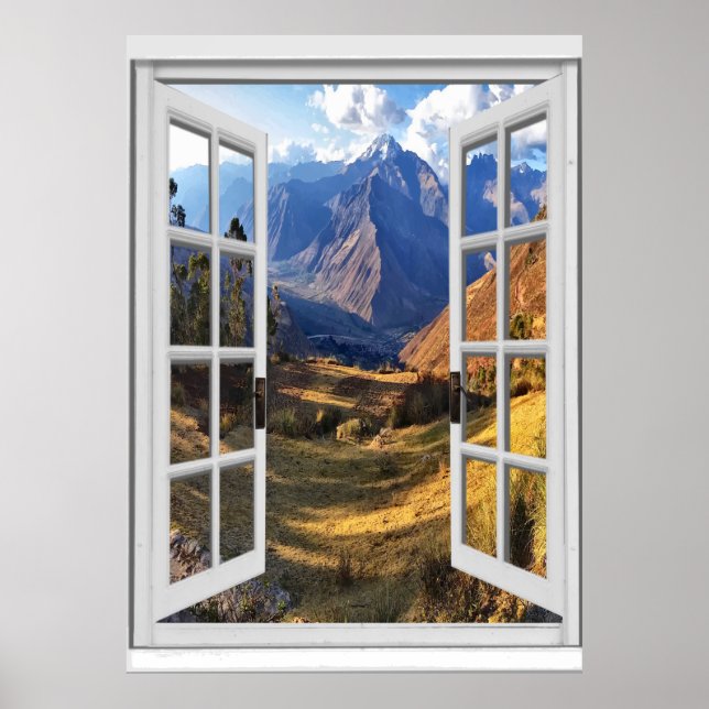 Bergtopparnas bildskärm Trompe l'oeil Fake Window Poster (Framsidan)