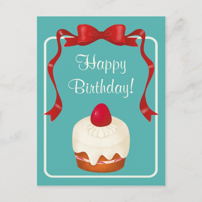 Beribboned jordgubbetårtavykort vykort (Framsida)