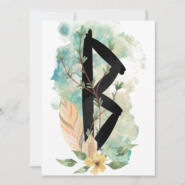 Berkano Blommigt Grönt & Gult Norse Futhark Rune (Framsida)