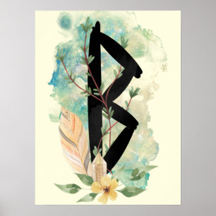 Berkano Blommigt Grönt & Gult Norse Futhark Rune Poster
