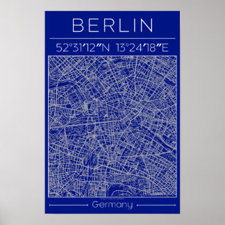 Berlin Blåplans City Map Affisch Blå Minimal Urba