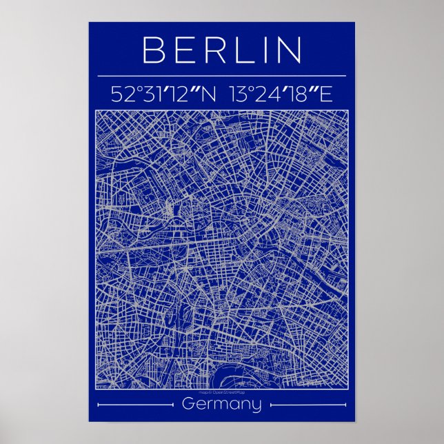 Berlin Blåplans City Map Affisch Blå Minimal Urba (Framsidan)