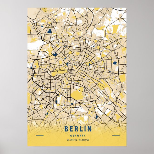 Berlin - Germary Gult City Karta Poster (Framsidan)