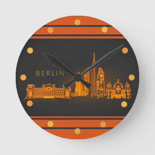 Berlin Skyline Orange Neon Se Cityscape Wall Rund Klocka