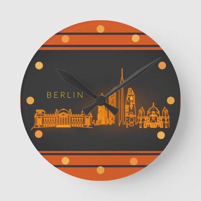 Berlin Skyline Orange Neon Se Cityscape Wall Rund Klocka (Framsida)