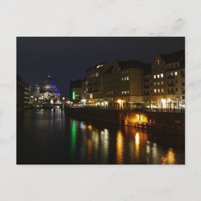 Berlin Tyskland Natt Vykort Spree Natt (Framsida)