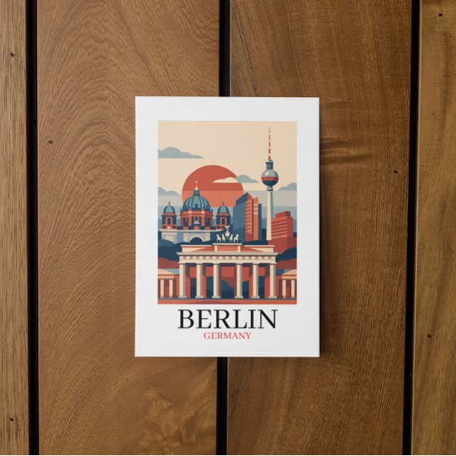 Berlin Tyskland Stadssiluett – Minimalistisk Vinta Vykort (Berlin Germany City Skyline – Minimalist Vintage Postcard)