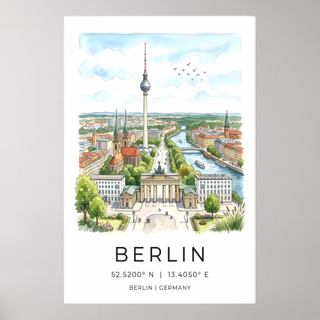 Berlinvyer Konsttryck - Handritad Panorama med Poster (Framsidan)