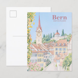 Bern Schweiz Gouache-målning Illustration Resa Vykort