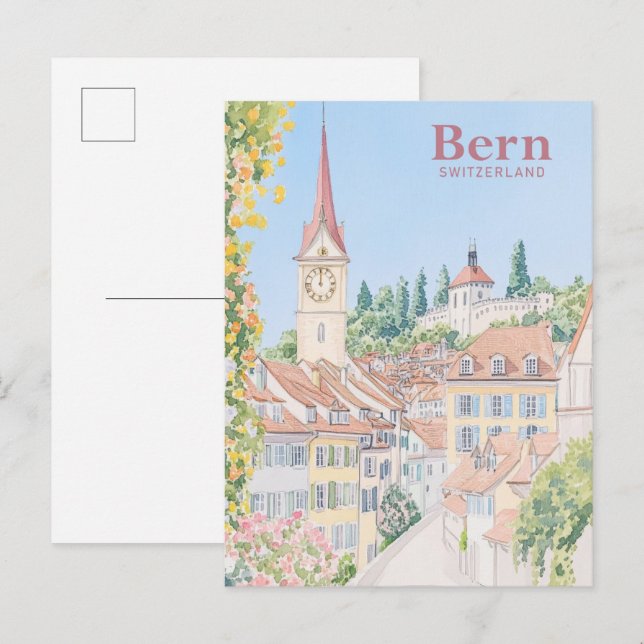 Bern Schweiz Gouache-målning Illustration Resa Vykort (Fram/baksida)
