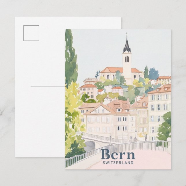 Bern Schweiz Gouache Paint Illustration Travel Vykort (Fram/baksida)