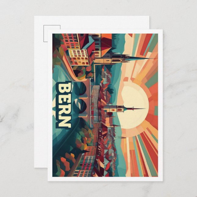 Bern Schweiz konstnärligt färgad Vykort (Fram/baksida)