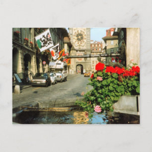 Berne, Main street, clocktower och geraniums Vykort