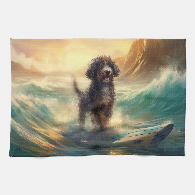 Bernedoodle Beach Surfing Painting Kökshandduk (Horisontell)