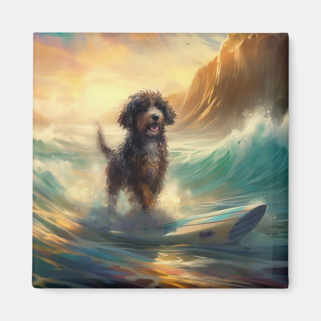 Bernedoodle Beach Surfing Painting Magnet (Framsidan)