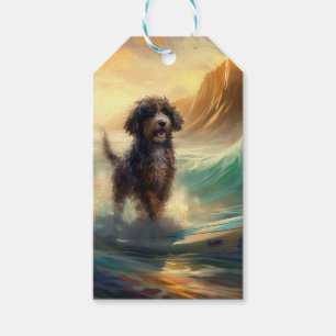 Bernedoodle Beach Surfing Painting Presentetikett