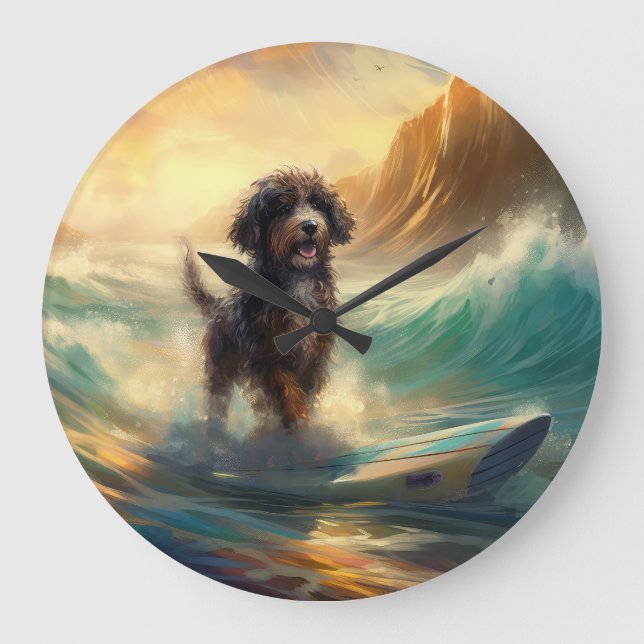 Bernedoodle Beach Surfing Painting Stor Klocka (Framsida)