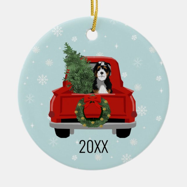 Bernedoodle christmas hund red lastbil julgransprydnad keramik (Framsidan)